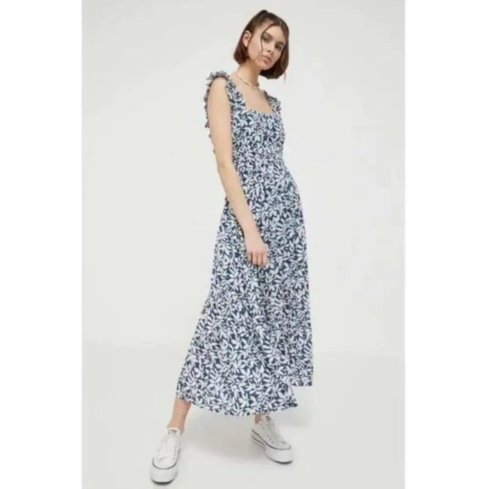 abercrombie & fitch blue floral ruffle sleeve maxi dress